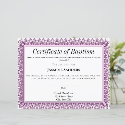 Purple Border Certificate of Baptism | Zazzle