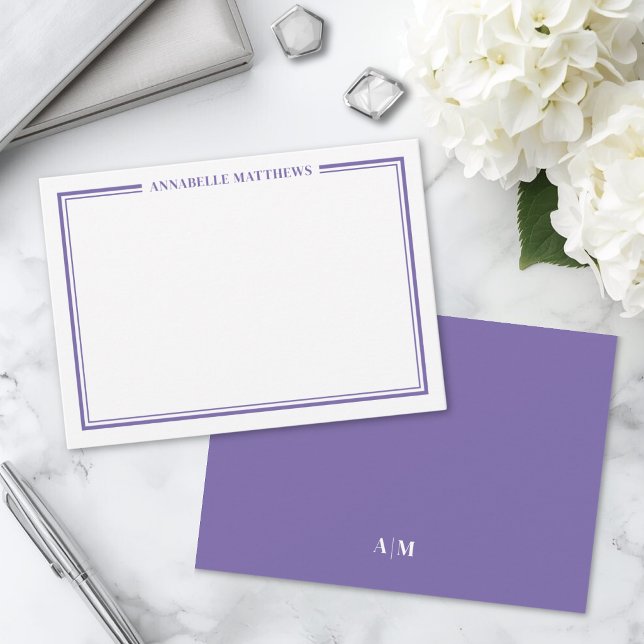 Purple Border Minimalist Name Monogram Note Card (Purple Border Minimalist Name Monogram Note Card )