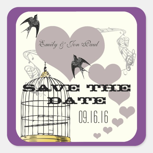 Purple Borders Bird Cage & Hearts Weddings Square Sticker (Front)