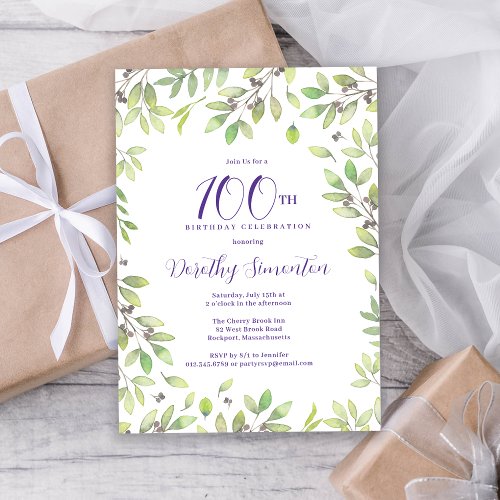 Purple Botanical 100th Birthday Party Invitation