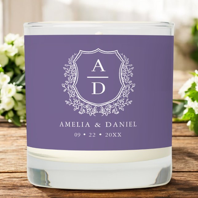 Purple Botanical Crest Modern Monogram Wedding  Scented Candle (Creator Uploaded)