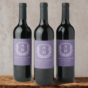 Purple Botanical Crest Modern Monogram Wedding Wine Label