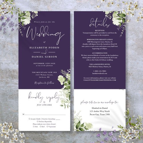 Purple Botanical Floral All In One Wedding  Invitation