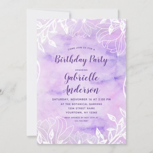 Purple Botanical Floral Birthday Party Invitation