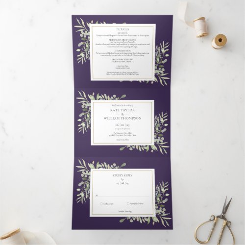 Purple Botanical Greenery Leaves Photo Wedding Tri_Fold Invitation