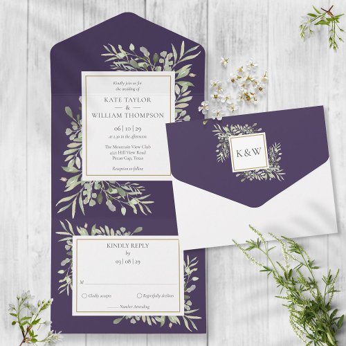 Purple Botanical Greenery Leaves Wedding All In One Invitation