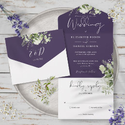 Purple Botanical Greenery Monogram Wedding  All In One Invitation