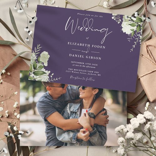 Purple Botanical Greenery Photo Wedding Invitation