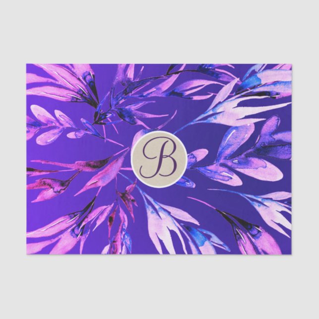 Purple Botanical Leaves Monogram Letter Initial Tissue Paper (Front)
