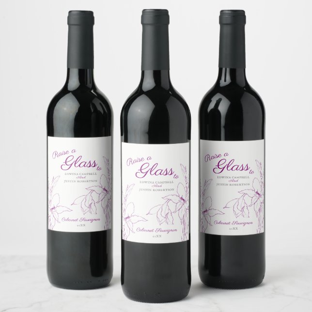Purple botanical line art gladioli wedding wine label (Bottles)