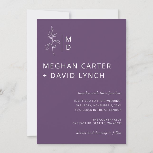 Purple Botanical Monogram Wedding  Invitation (Front)