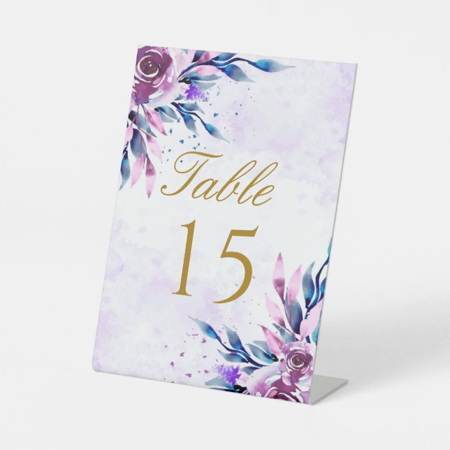 Purple Botanical Peony Gold Wedding Table Number  Pedestal Sign (Front)