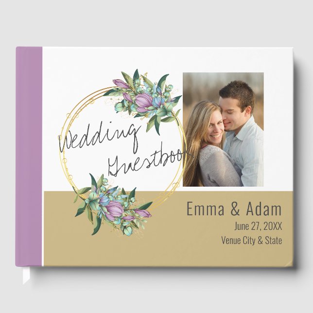 Purple Botanical Photo Wedding Guest Book (Front)