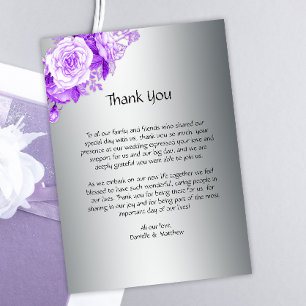 Purple Botanical Roses in Silver Wedding Thank You Card