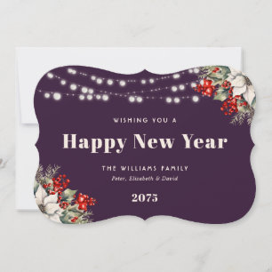 Purple Botanical String Lights New Year Card