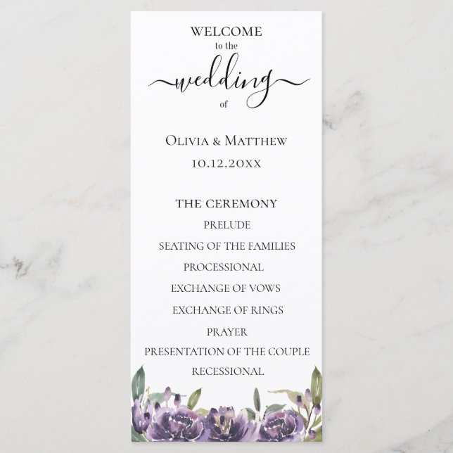 Purple Botanical Watercolor Floral Wedding Program (Front)