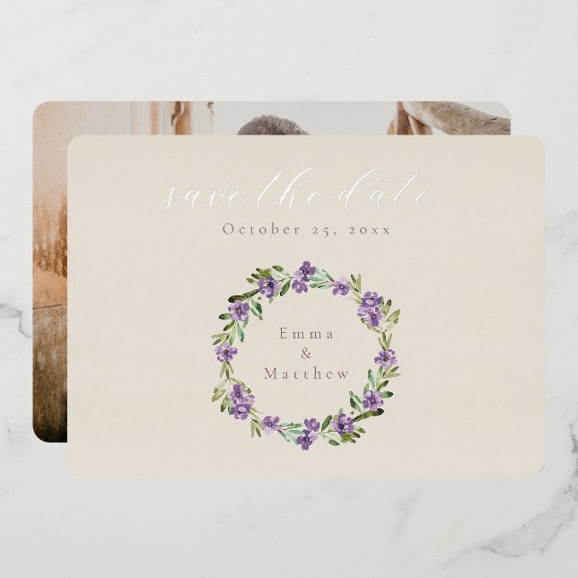 Purple Botanical Wreath Horizontal Photo Foil Invitation (Front/Back)