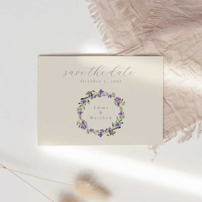 Purple Botanical Wreath Lilac Save the Date Postcard (Creator Uploaded)