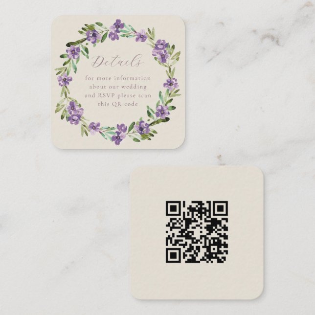 Purple Botanical Wreath QR Code Wedding  Enclosure Card (Front/Back)