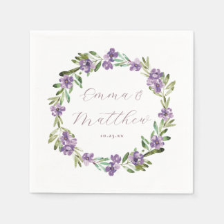 Purple Botanical Wreath Wedding Monogram Napkins