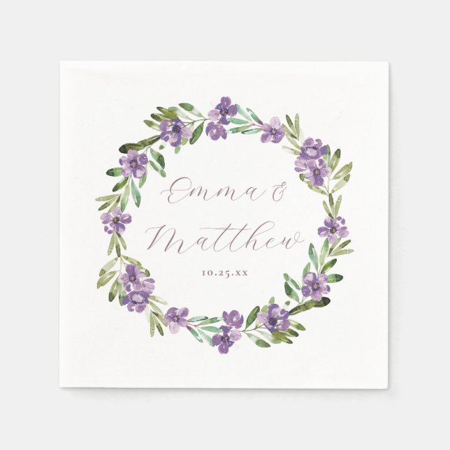 Purple Botanical Wreath Wedding Monogram Napkins (Front)