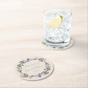 Purple Botanical Wreath Wedding Monogram Round Paper Coaster