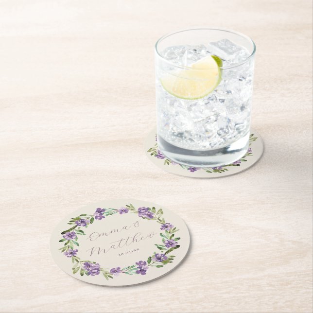 Purple Botanical Wreath Wedding Monogram Round Paper Coaster (Insitu)