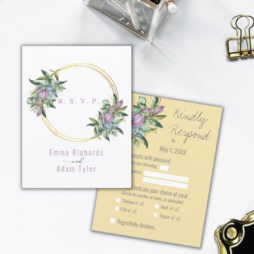 Purple Botanical Wreath Wedding RSVP Card