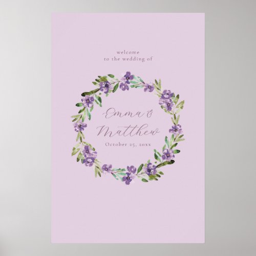 Purple Botanical Wreath Wedding Welcome Sign