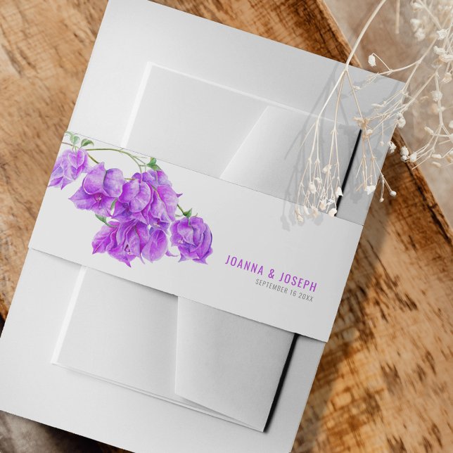 Purple bougainvillea botanical watercolor custom invitation belly band (Creator Uploaded)