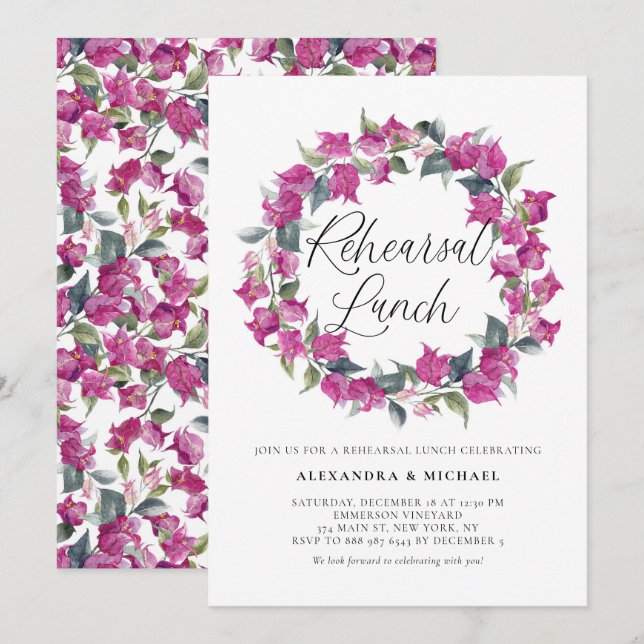 Purple Bougainvillea Wreath Rehearsal Lunch Invitation (Front/Back)