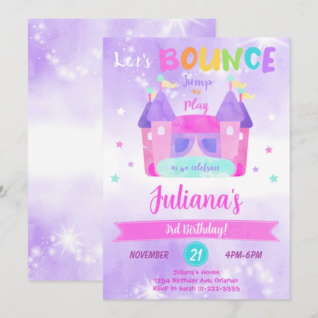 Purple Bounce House Birthday Invitation (Front/Back)