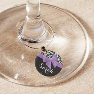 Purple Bow and Leopard Spots with Name Wine Charm