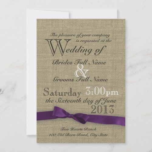 Purple Bow and Rustic Burlap Wedding Announcements