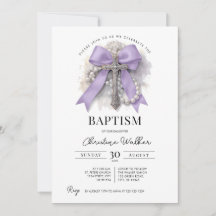 Purple Bow Baptism Invitation | Cross & Rosary