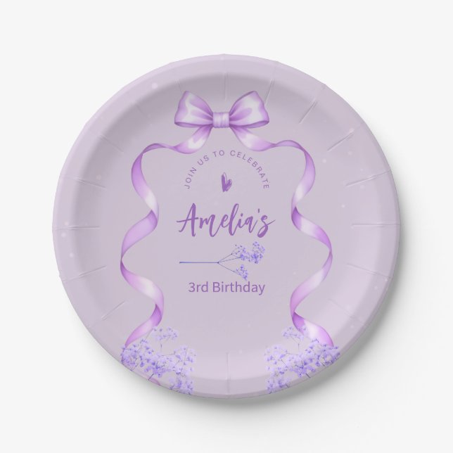 Purple Bow Birthday Any Age Paper Plates (Front)