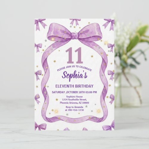 Purple Bow Birthday Invite, Girls 11th Birthday 