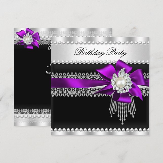 Purple Bow Black Pearl Lace Pearl Birthday Party Invitation (Front/Back)