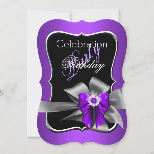 Purple Bow Black Silver Birthday Party Invitation