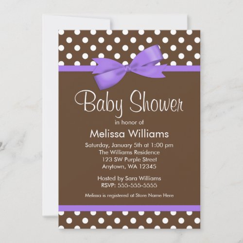 Purple Bow Brown Polka Dot Baby Shower Invitations