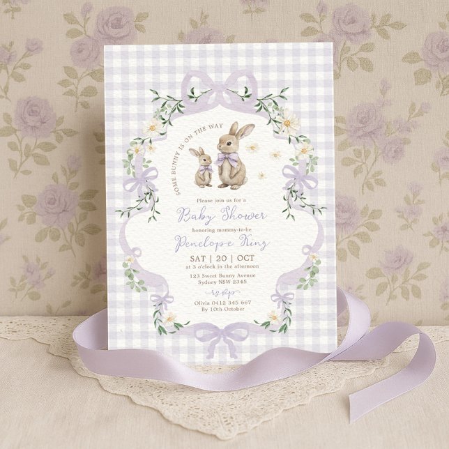Purple Bow Bunny Gingham Floral Baby Shower Invitation (Creator Uploaded)
