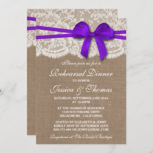 Purple Bow Burlap  Lace Wedding Rehearsal Dinner Invitation