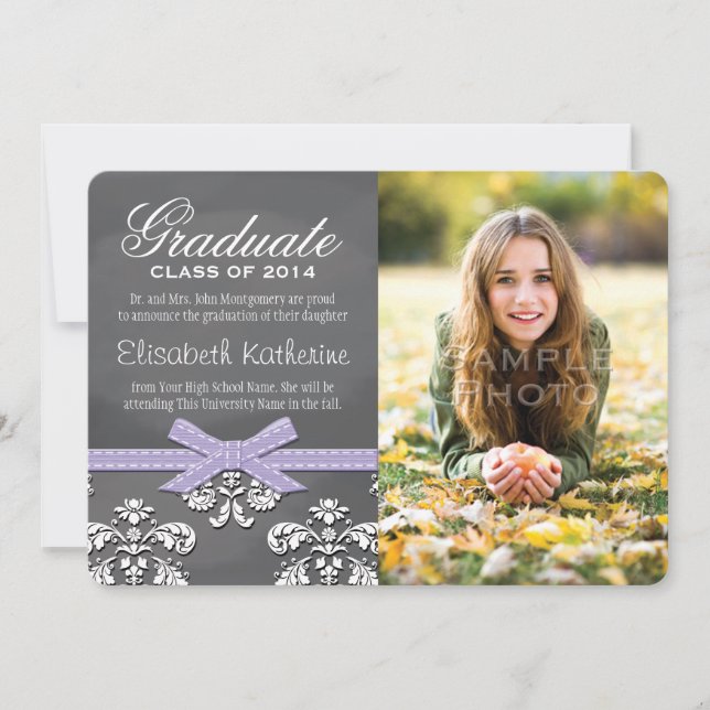 Purple Bow Chalkboard Lace Graduation Announcement (Front)
