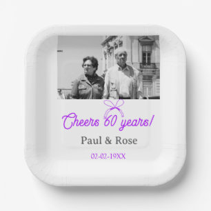 Purple bow cheers to 60 years anniversary wedding paper plates
