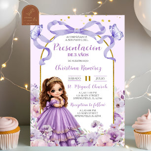 Purple Bow Coquette Floral Girl Presentacion de 3  Invitation