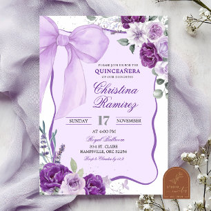 Purple Bow Coquette Floral Quinceanera  Invitation