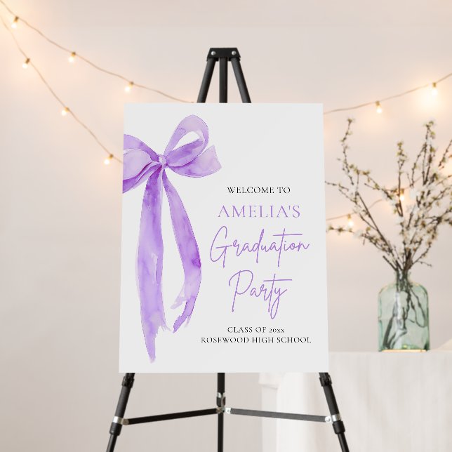 Purple Bow Coquette Graduation Party Welcome Foam Board (In Situ (Stand))