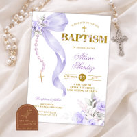 Purple Bow Coquette Rosary baptism Invitation