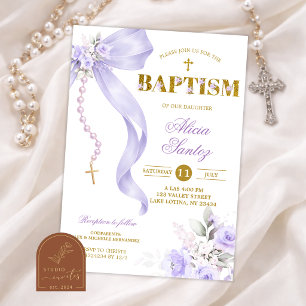 Purple Bow Coquette Rosary baptism Invitation