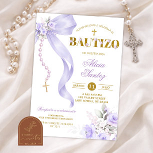 Purple Bow Coquette Rosary Bautizo Invitation